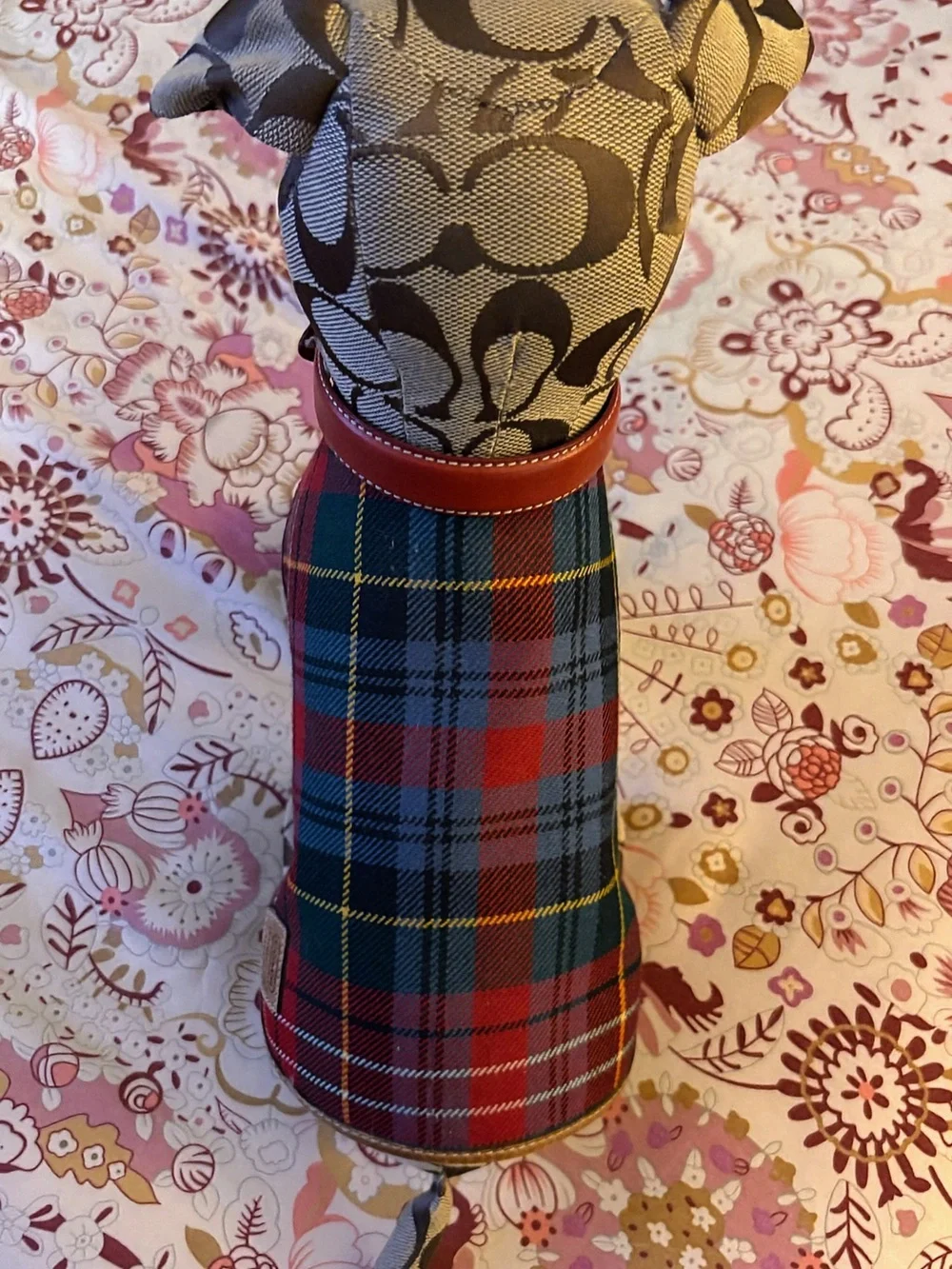 RARE Coach Signature Plaque-Pattern Dog Figure with Red Plaid Jacket